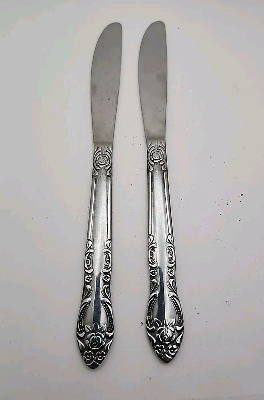 2 Vtg Stainless Steel FLATWARE Butter Knives Ornate Rose Floral Handle Japan